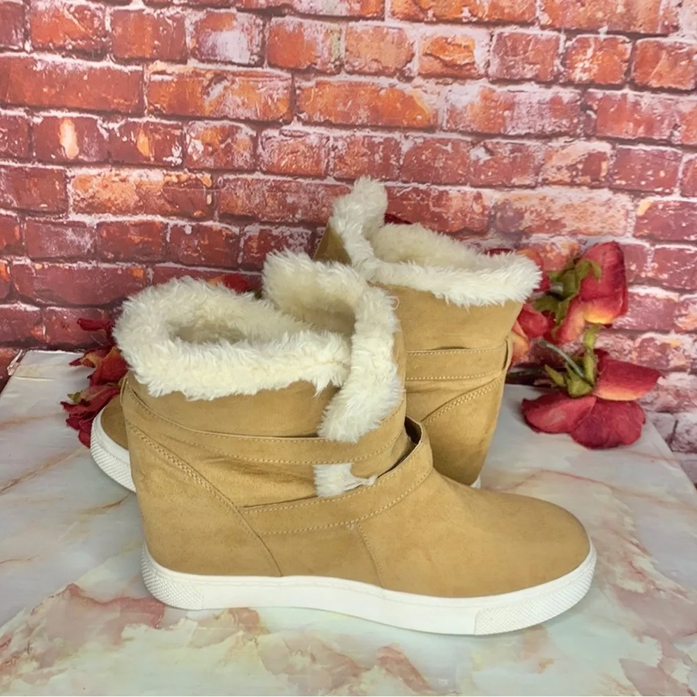 Madden NYC Tan Suede Faux Fur Peytonn Wedge Ankle Boots